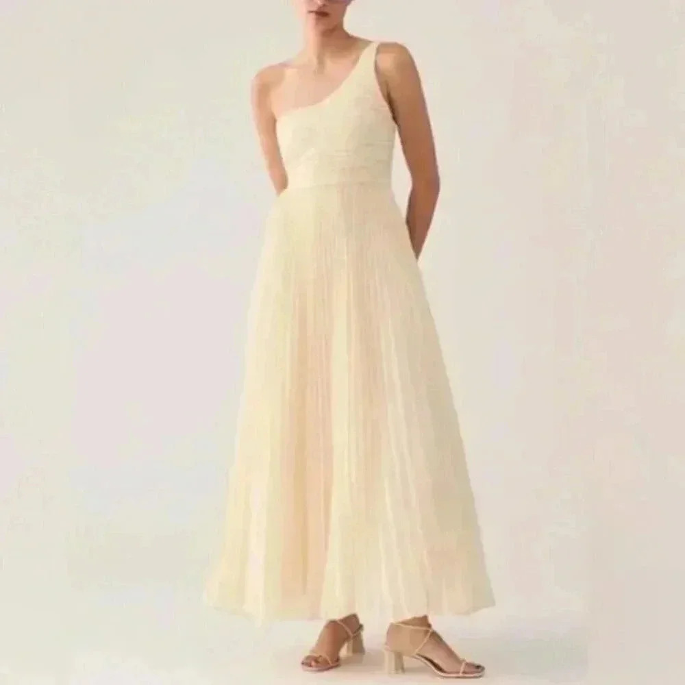 NWT Anthropologie Let Me Be One Shoulder Cream White Pleated Dress Size Small